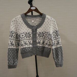 Decree Crop Top Cardigan White/Gray Reindeer Snowflake Print Size L